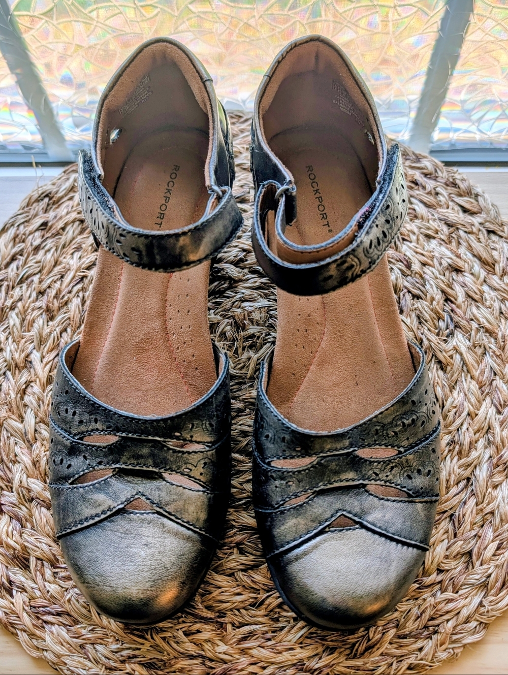 Rockport Leather Mary Janes Metallic Velcro Straps 8.5